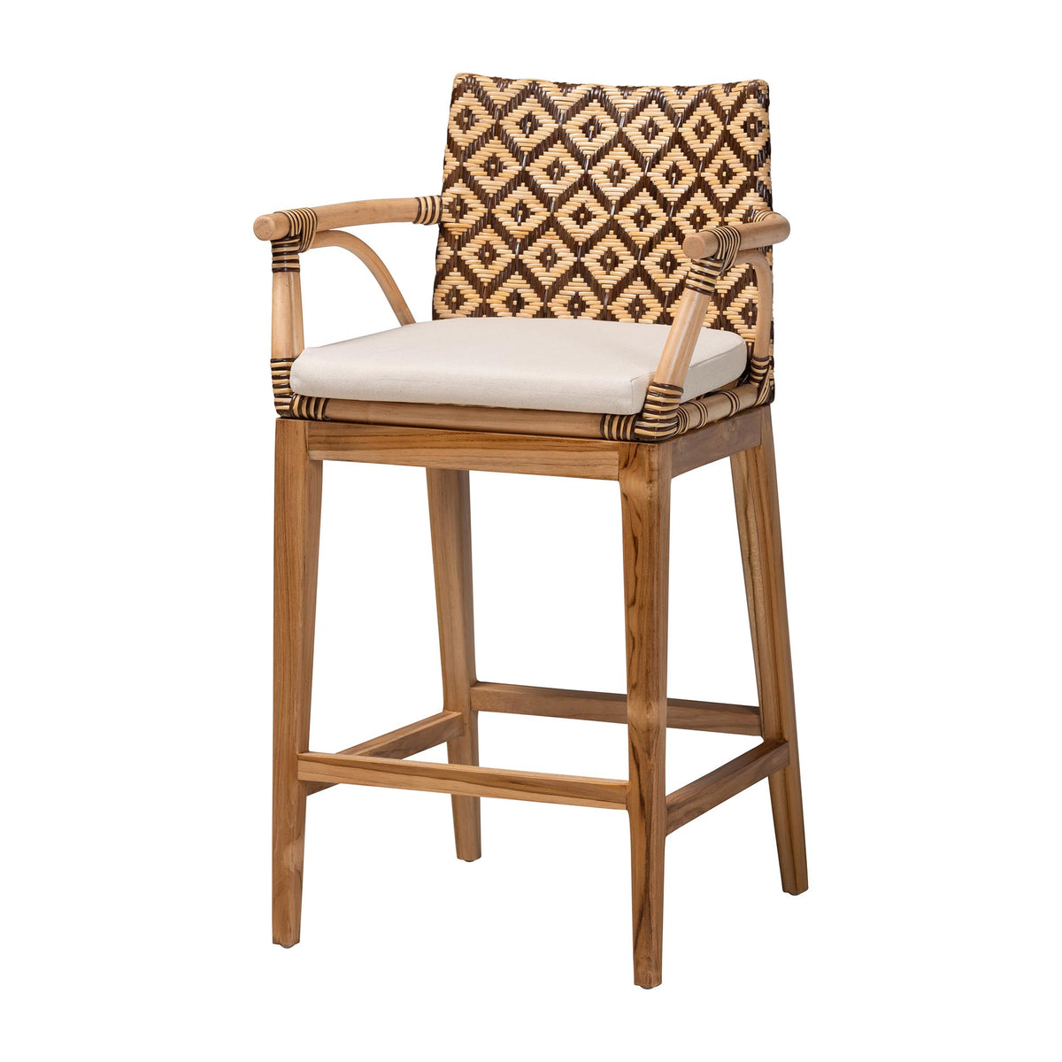 Storsel Natural Rattan and Teak Wood Counter Stool, Two-Tone Brown