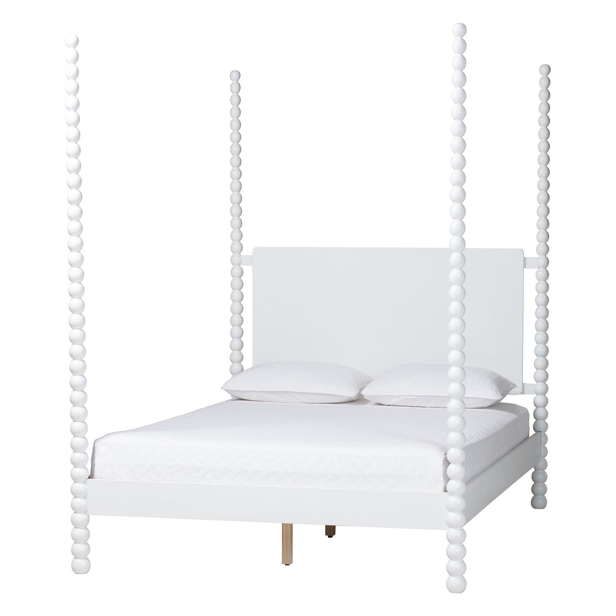 Cherene white four-poster queen platform bed with bobbin posts