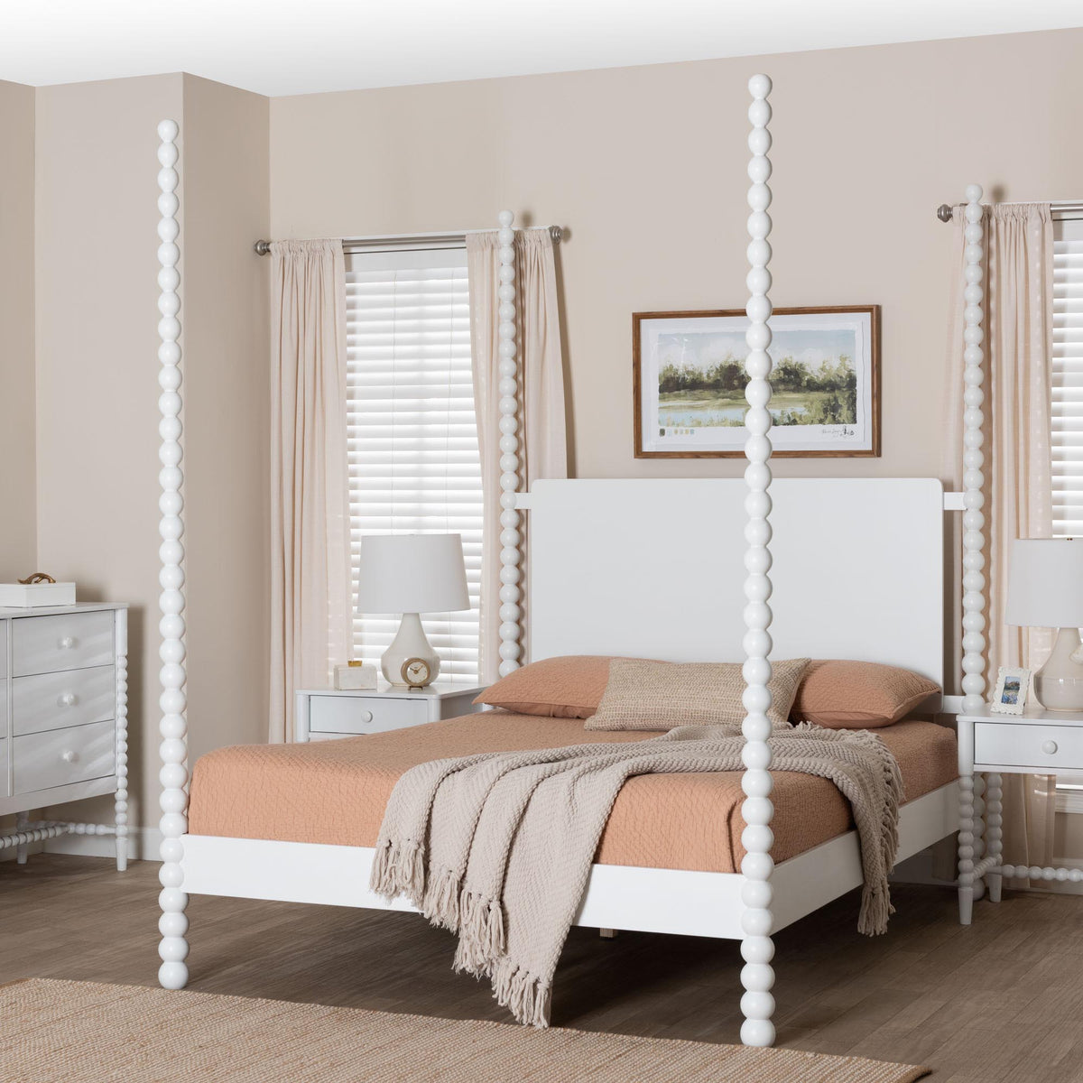 Cherene white four-poster queen platform bed with bobbin posts – view 2