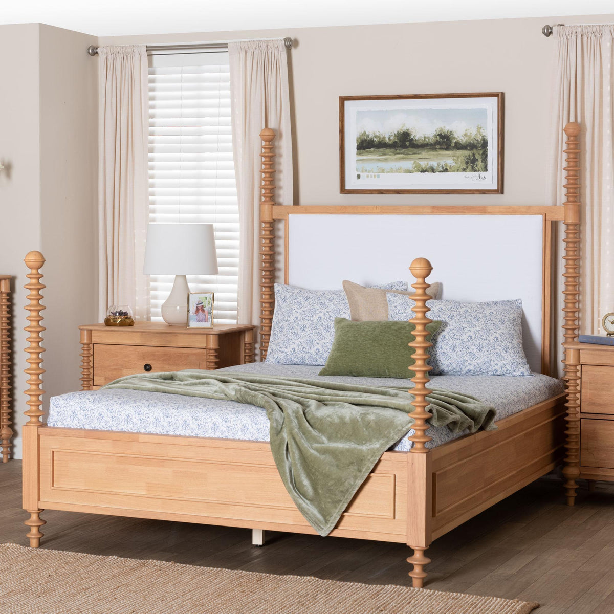 Aleda Four Poster Bed with Upholstered Headboard, King, Beech Brown