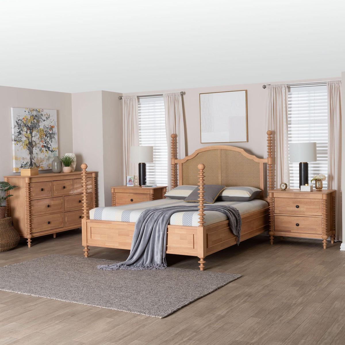 Neviah 4-Piece Bedroom Set with 2-Drawer Nightstands, Queen, Beech Brown