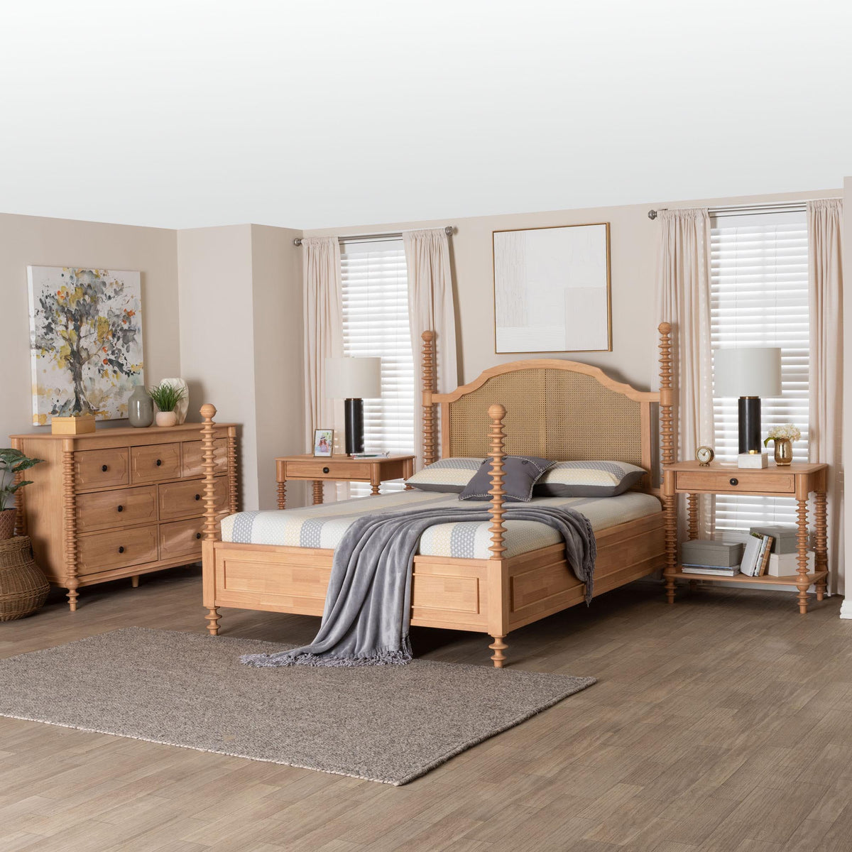 Neviah 4-Piece Bedroom Set with 1-Drawer Nightstands, King, Beech Brown