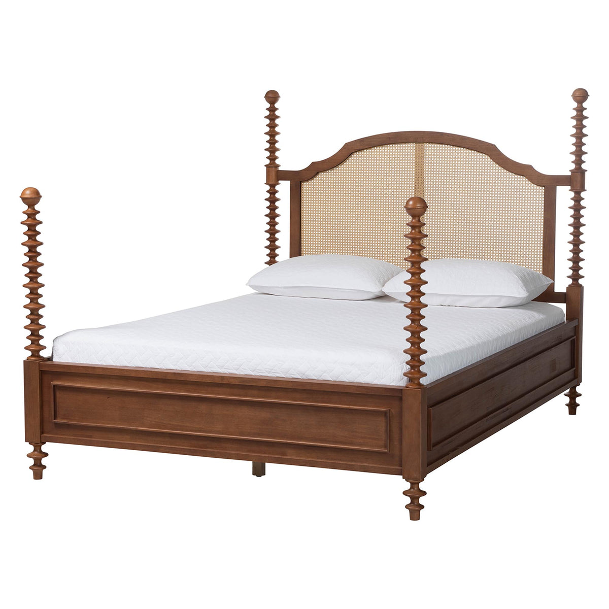 Neviah Four Poster Bed with Woven Rattan Headboard, Queen, Walnut Brown