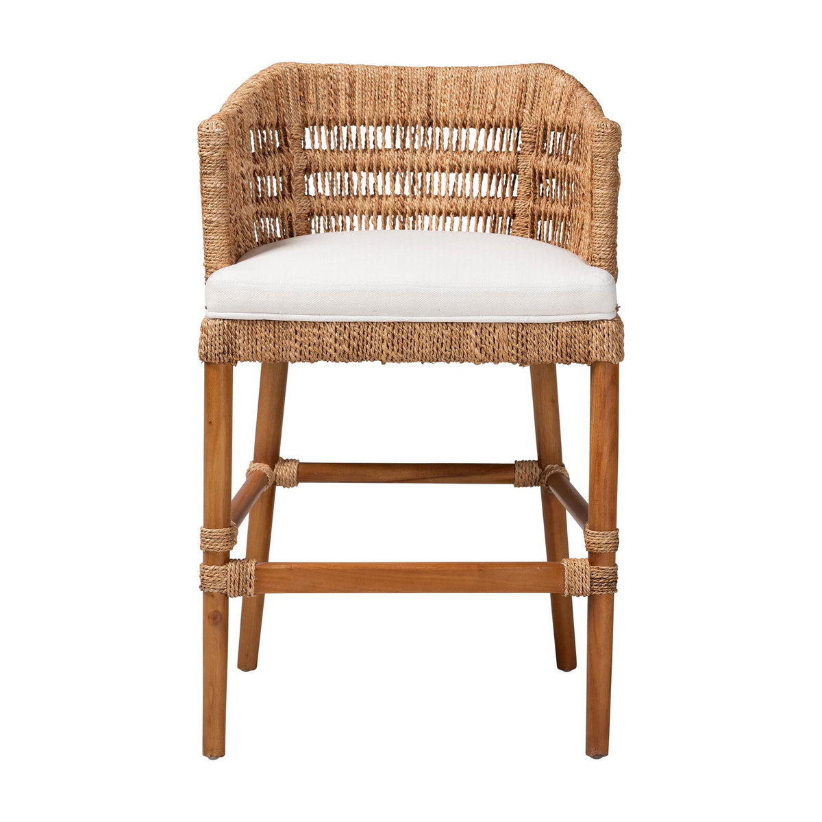 Cana Mahogany Wood and Seagrass Counter Stool, Light Brown