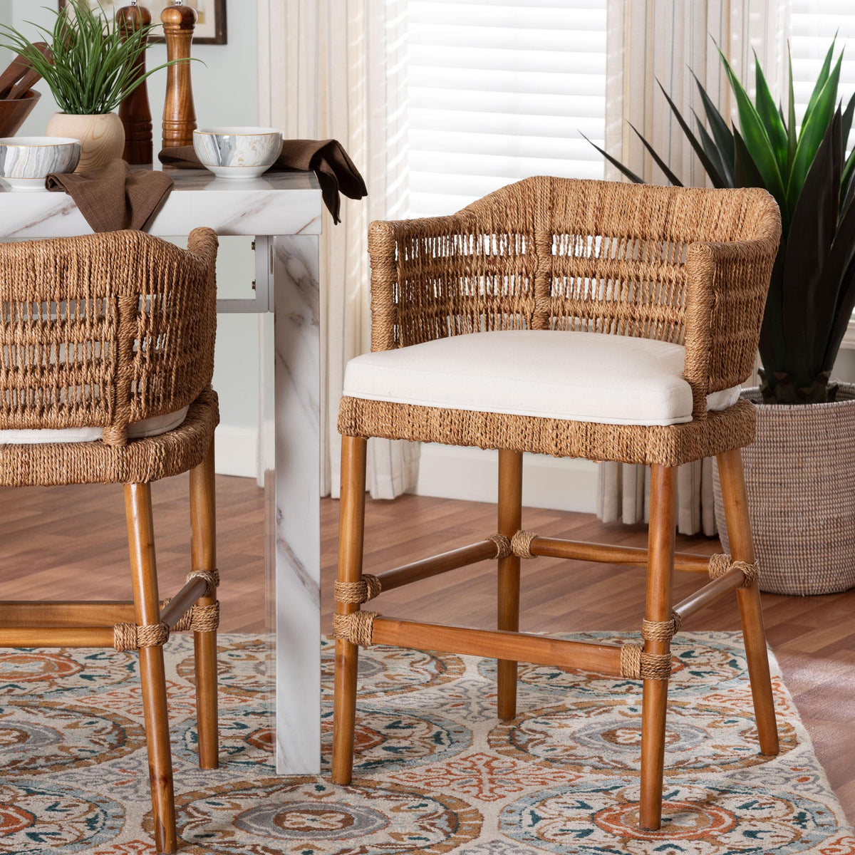 Cana Mahogany Wood and Seagrass Counter Stool, Light Brown