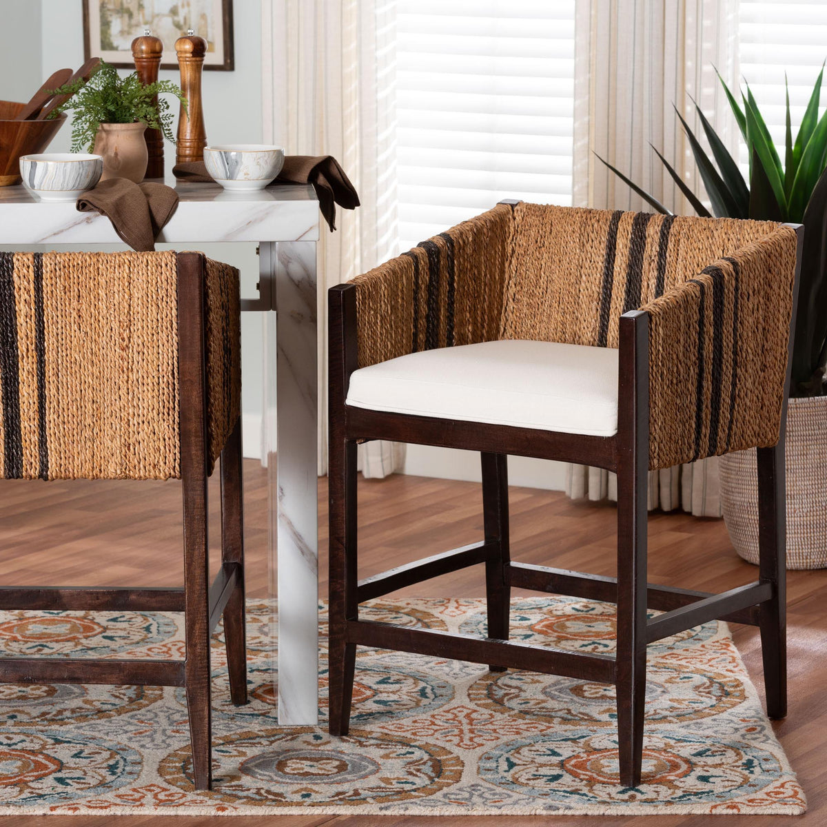 Zeke Seagrass Wrapped Counter Stool, Dark Brown