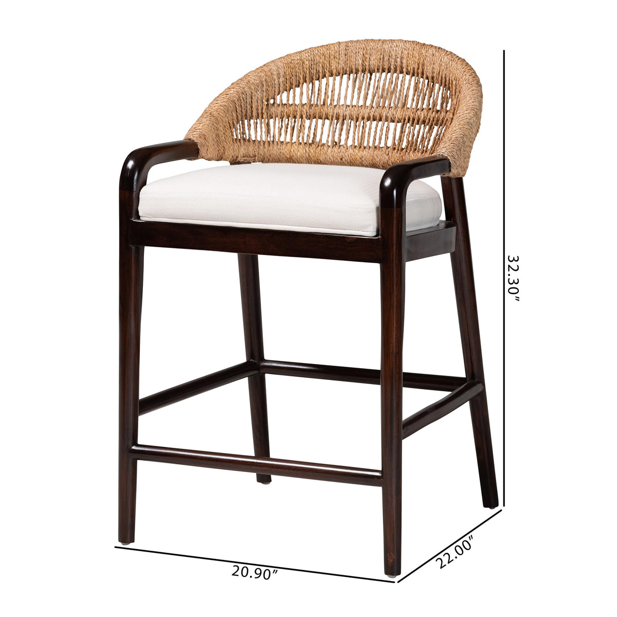 Vero Mahogany Wood and Seagrass Counter Stool, Dark Brown