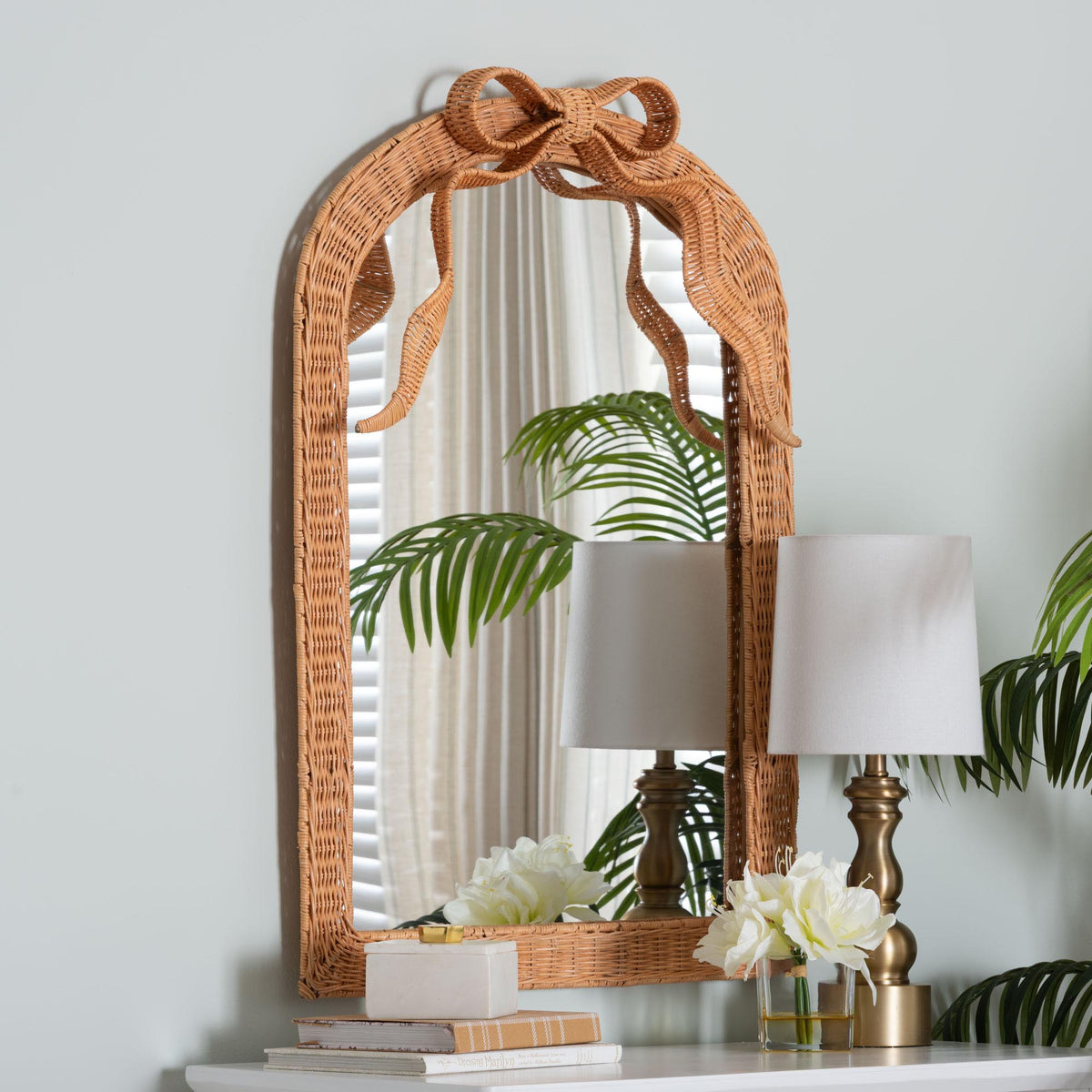 Creusa Natural Rattan Accent Mirror with Bow Detail, Arch