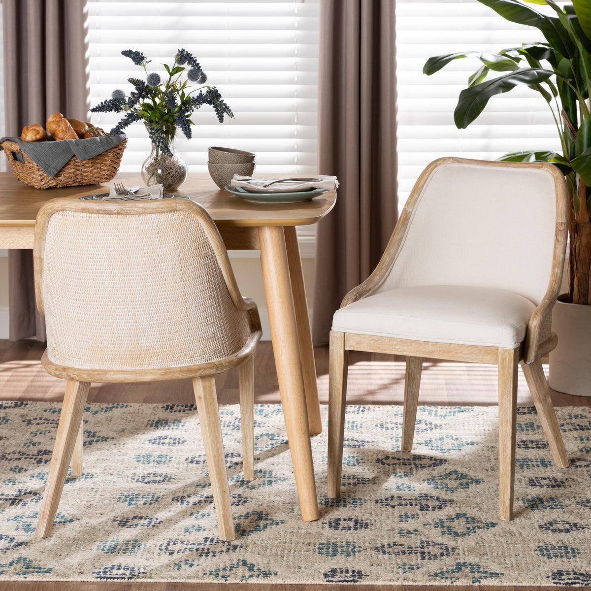 Calloway Mahogany Wood and Natural Rattan 2-Piece Dining Chair Set, Whitewash