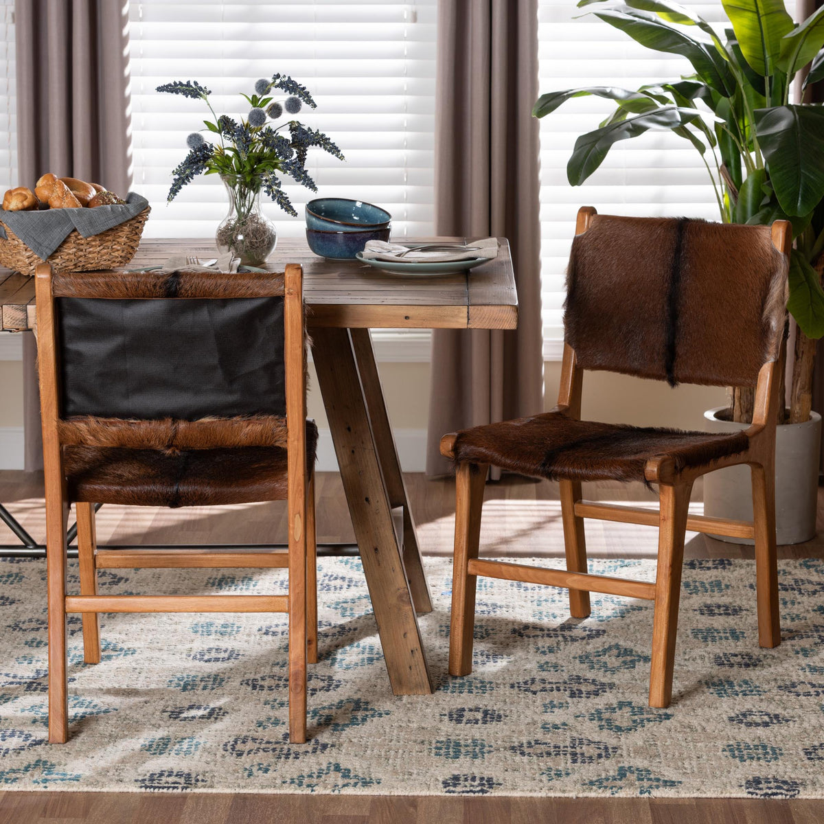 Fawn 2-Piece Genuine Goat Leather Dining Chair Set, Natural Brown