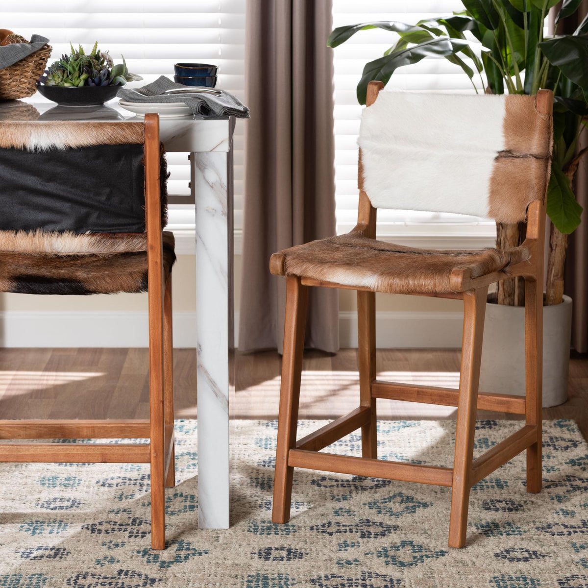 Fawn Genuine Goat Leather Counter Stool with Backrest, Natural Brown