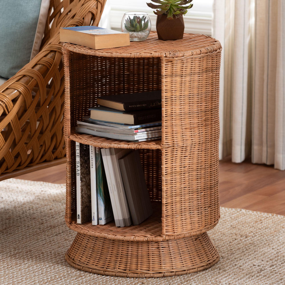 Dorielle Natural Rattan End Table with Two Shelves