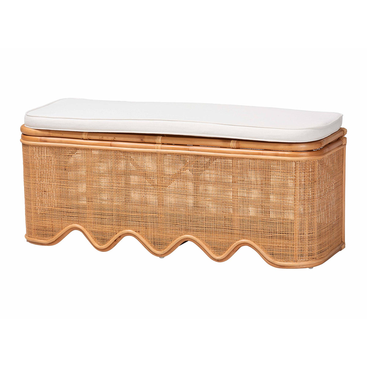 Rivka Natural Rattan Storage Bench with Scalloped Base and Cushion