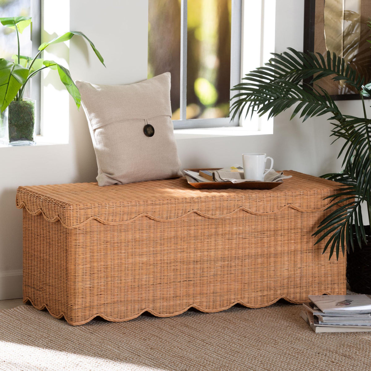 Yoselin Natural Rattan Storage Bench with Scalloped Edge Frame