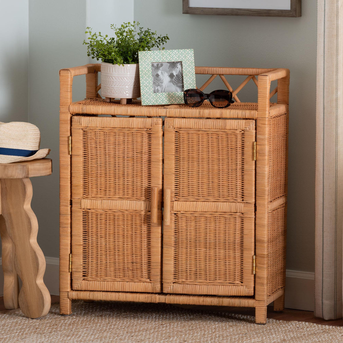 Hendrina Natural Rattan and Mahogany Wood Shoe Cabinet, 3-Tier