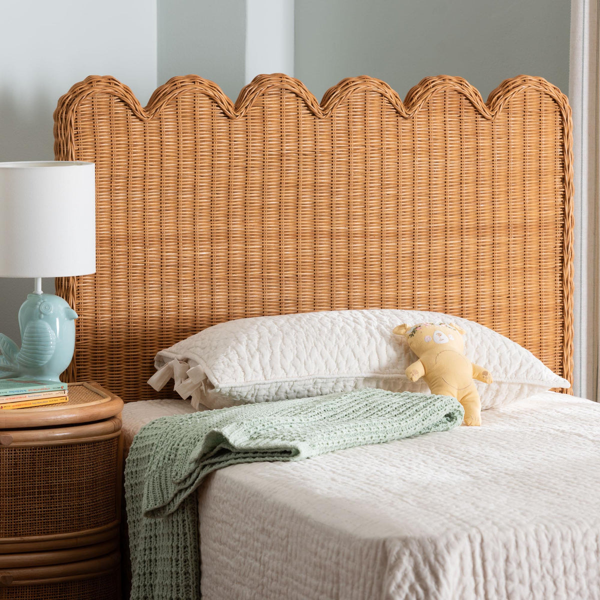 Maritza Scalloped Natural Rattan Headboard, Twin, Light Honey