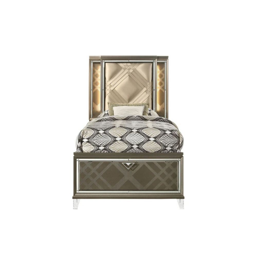 Mohit Skylar Twin Dark Champagne Synthetic Leather Bed – Modern LED Panel with Storage