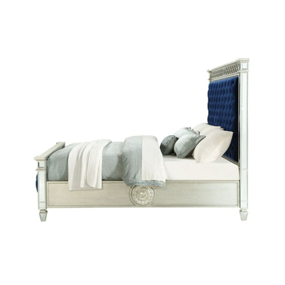 Varian Queen Bed, Blue Velvet & Mirrored