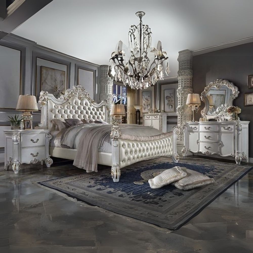 Leni Vendome Eastern King Bed Antique Pearl Synthetic Leather – Classic Baroque Style with Tufted Headboard