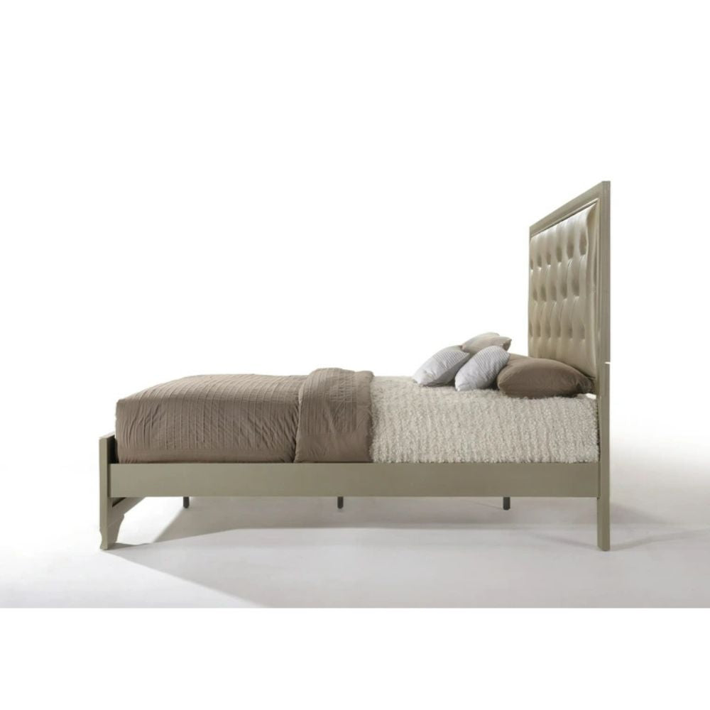 Carine Queen Bed, Synthetic Leather & Champagne