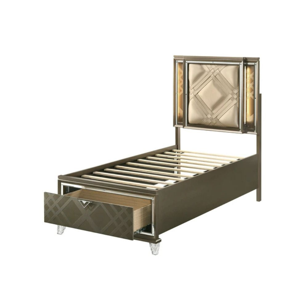 Skylar Twin Bed w/Storage & LED, LED, Synthetic Leather & Dark Champagne