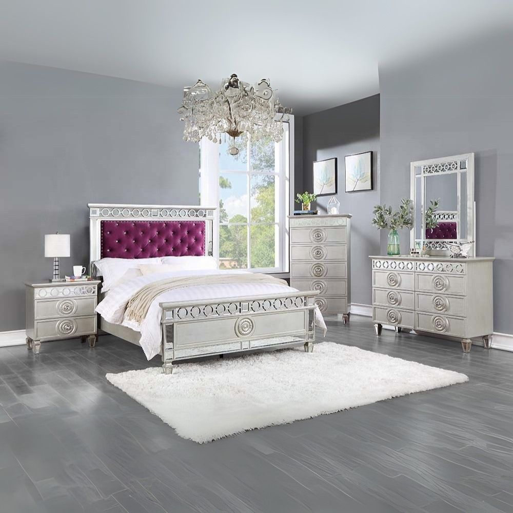 Shub Varian Full Upholstered Bed in Burgundy Velvet – Silver Mirror Panel Accents