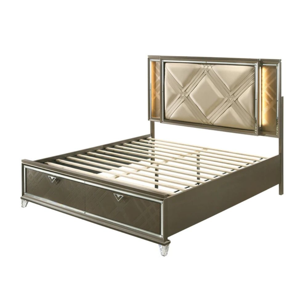 Skylar Queen Bed w/Storage & LED, LED, Synthetic Leather & Dark Champagne