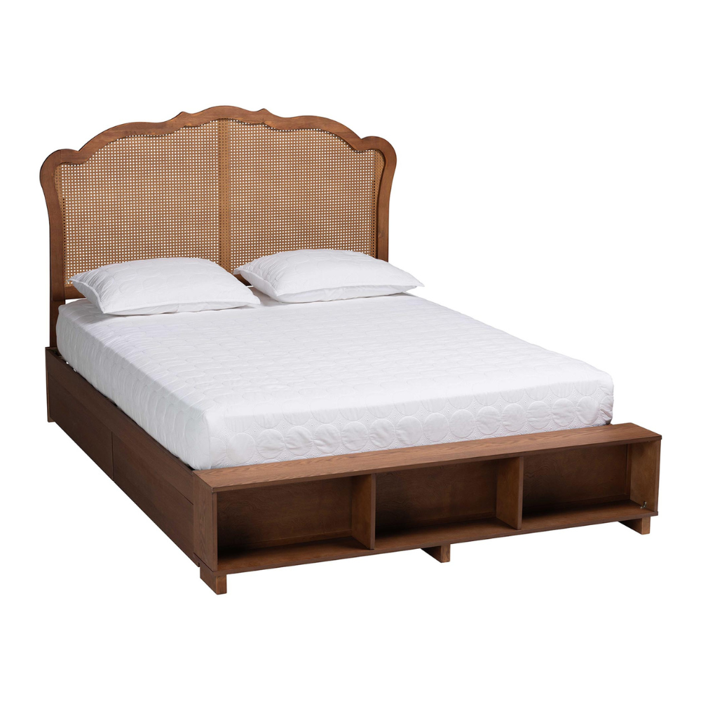 Adrian King Walnut Wood & Rattan Storage Bed – Mid‑Century Modern with Hidden Drawers
