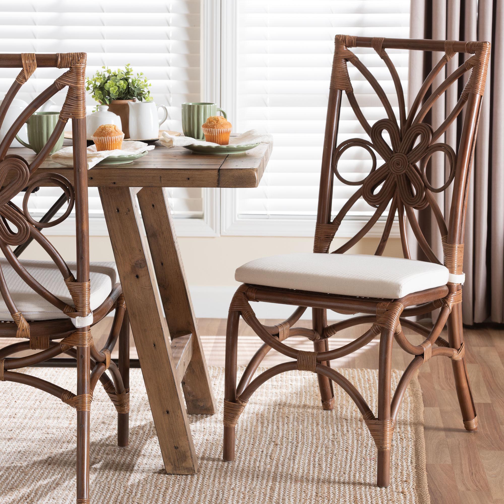 Brama Natural Rattan Dining Chair with Decorative Backrest and Cushioned Seat, Boho Coastal Style Seating for Dining Room or Kitchen