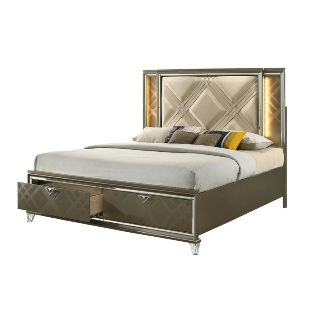 Skylar Queen Bed w/Storage & LED, LED, Synthetic Leather & Dark Champagne