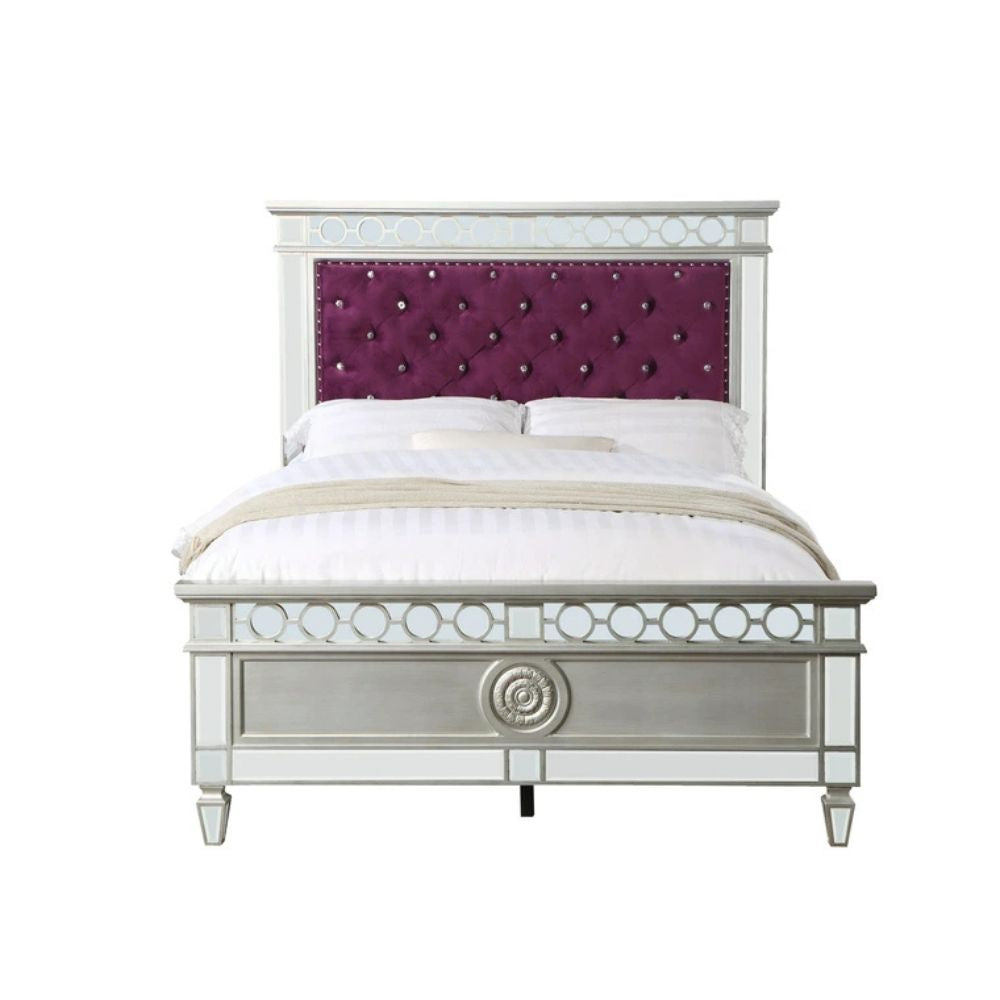 Varian Full Bed, Burgundy Velvet, Silver & Mirrored Finish