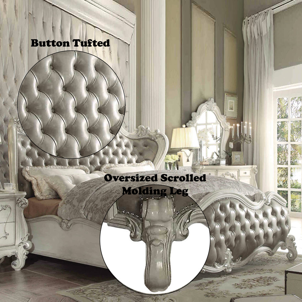 Arjun Versailles California King Brown Wood Bed – Traditional Carved Upholstered Headboard