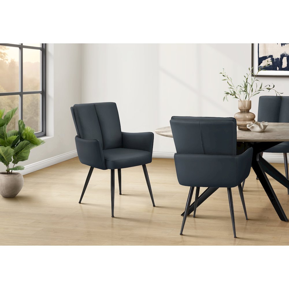 Dining Chair, 36" Height, Set Of 2, Upholstered, Side, Dining Room, Kitchen, Blue Leather Look, Black Metal, Contemporary, Modern