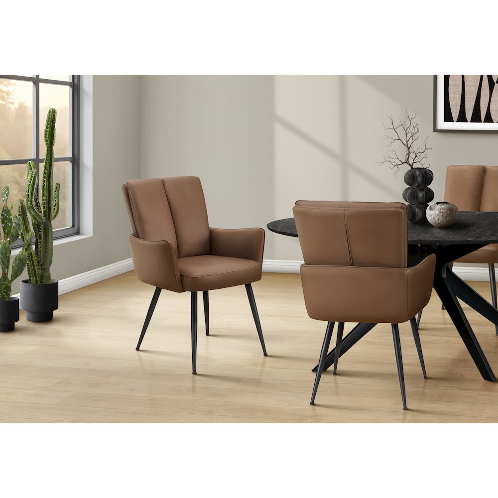 Dining Chair, 36" Height, Set Of 2, Upholstered, Side, Dining Room, Kitchen, Brown Leather Look, Black Metal, Contemporary, Modern