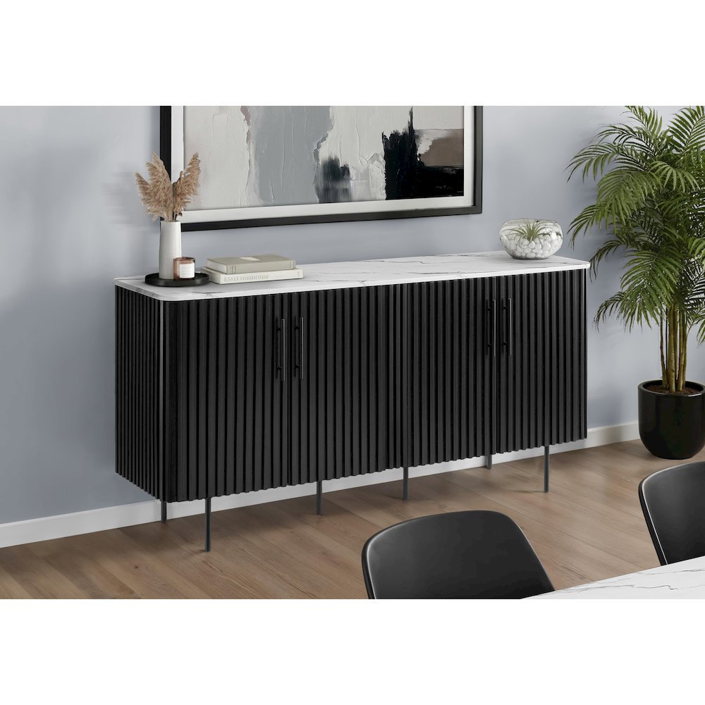 Cabinet, 66" Wide, Sideboard, Buffet, Dining Room, White Faux Marble, Black Laminate, Contemporary, Modern