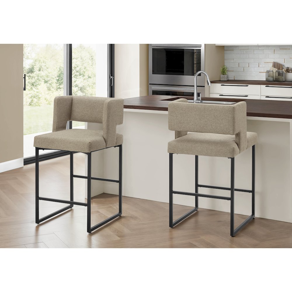 Barstool, Counter Height, Set Of 2, Kitchen, Brown Fabric, Black Metal, Contemporary, Modern