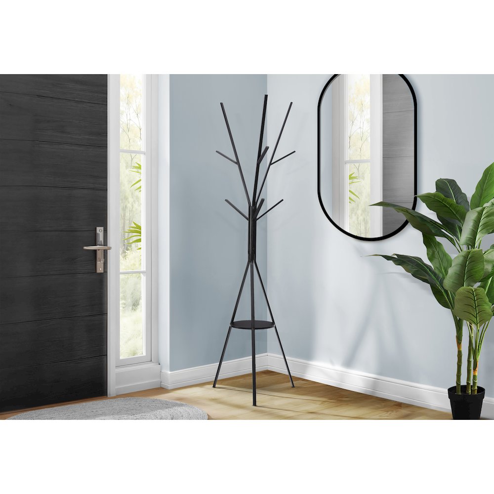 Coat Rack, 72"H, Bedroom, Entryway, Hall Tree, 6 Hooks, Black Metal, Contemporary, Modern