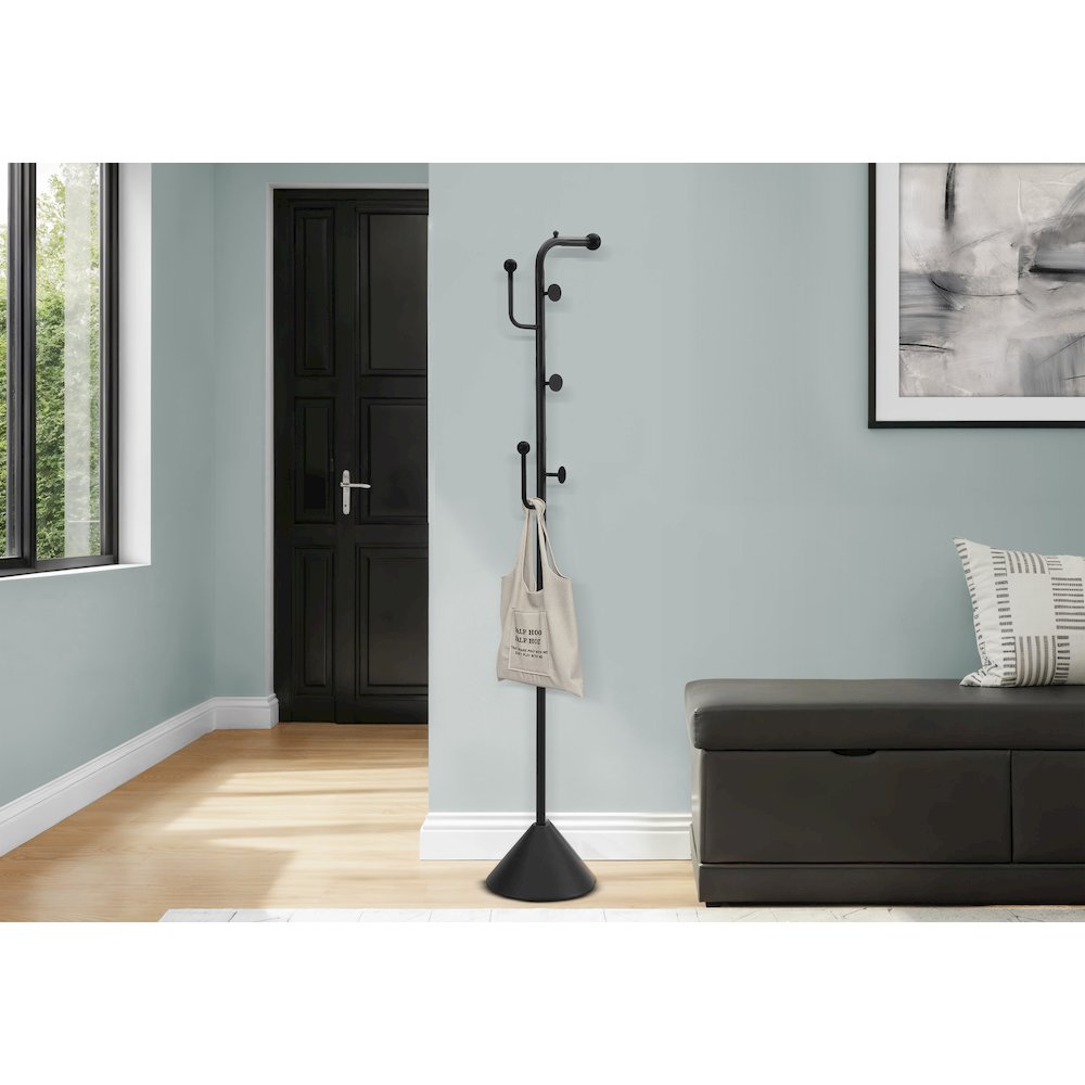 Coat Rack, 66"H, Hall Tree, 6 Hooks, Entryway, Bedroom, Black Metal, Contemporary