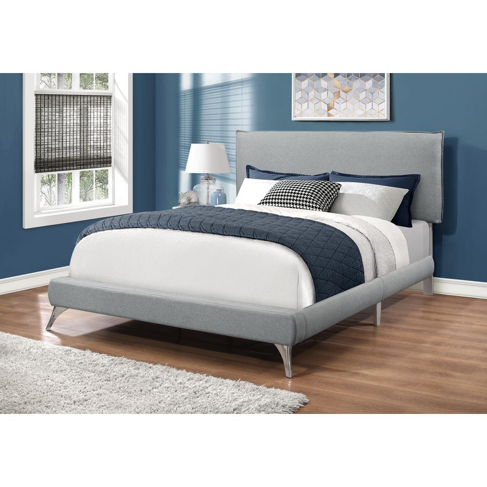 Stalwart ModernEdge Queen Grey Linen Upholstered Bed – Chrome Legs & Padded Headboard