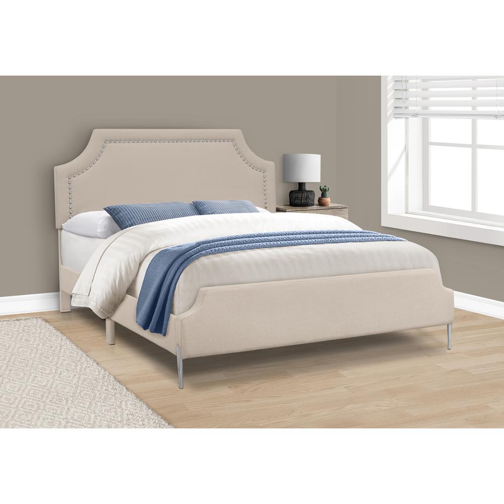 Prairie ChromeLux Queen Beige Linen Upholstered Bed – Modern Style with Chrome Accents