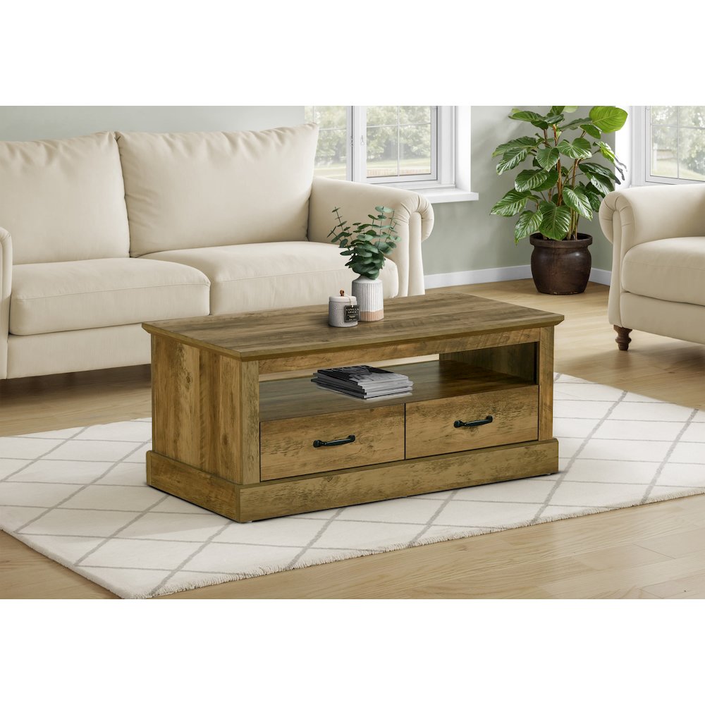 Coffee Table, 42" L, Cocktail, Rectangular, Storage Drawers, Living Room, Accent, Dark Brown Oak Laminate, Transitional