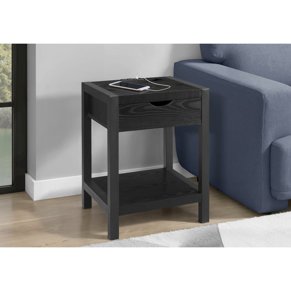Accent Table, 24"H, 2 Tier, End, Side Table, Nightstand, Lamp, Storage Drawer, Black Oak Laminate, Black Metal, Contemporary