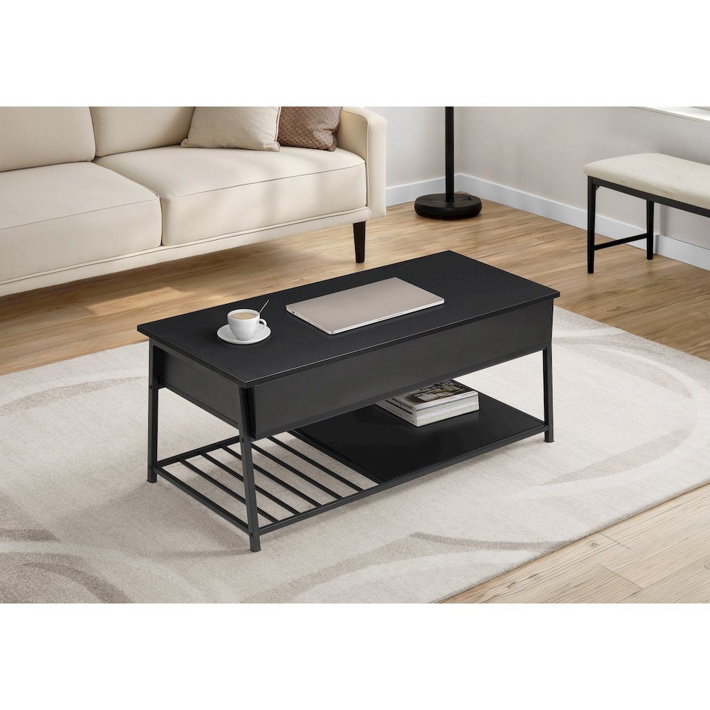 Coffee Table, 42" L, Cocktail, Lift-top, Rectangular, Storage, Living Room, Black Laminate, Black Metal, Contemporary, Modern