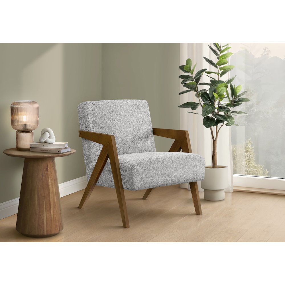 Accent Chair, 30"H, Upholstered, Living Room, Bedroom, Light Grey Fabric, Brown Walnut Solid Wood, Modern, Mid Century