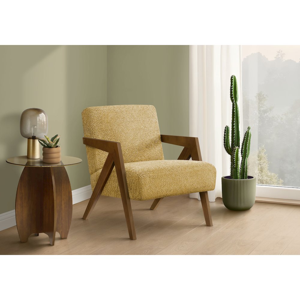 Accent Chair, 30"H, Upholstered, Living Room, Bedroom, Yellow Fabric, Brown Walnut Solid Wood, Modern, Mid Century