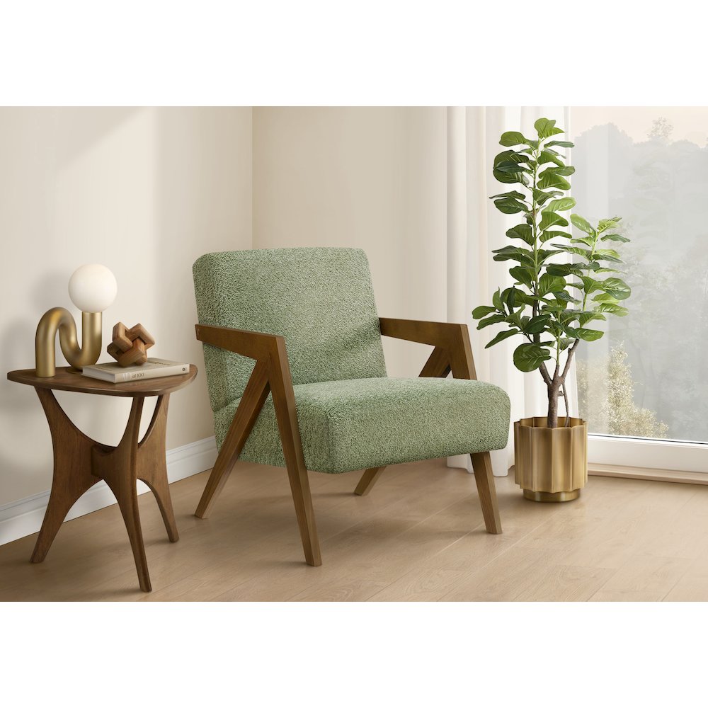 Accent Chair, 30"H, 23.75"W x 31.75"D, Upholstered, Living Room, Bedroom, Green Fabric, Brown Walnut Solid Wood, Modern, Mid Century