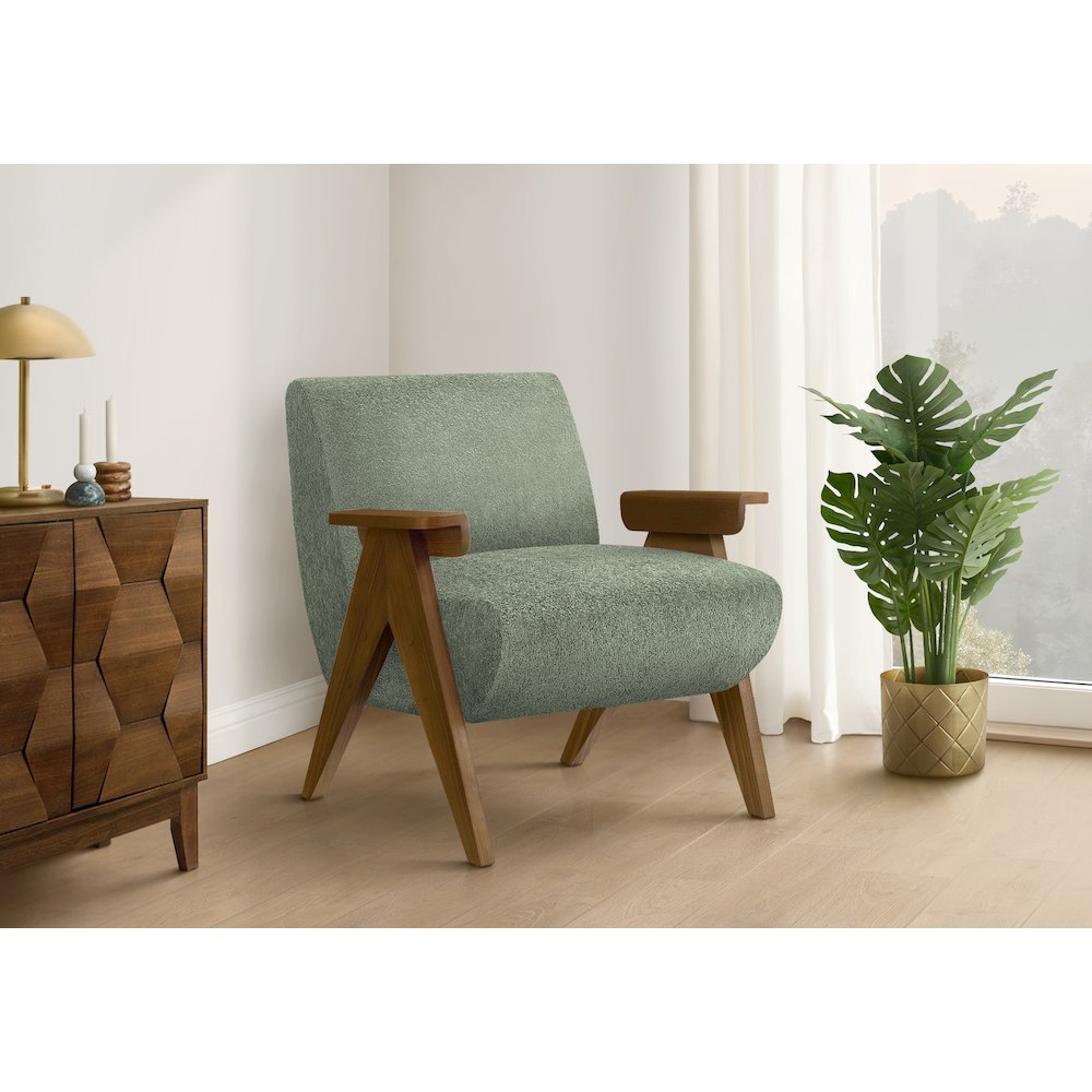 Accent Chair, 31"H, Upholstered, Living Room, Bedroom, Green Fabric, Brown Walnut Solid Wood, Modern, Mid Century