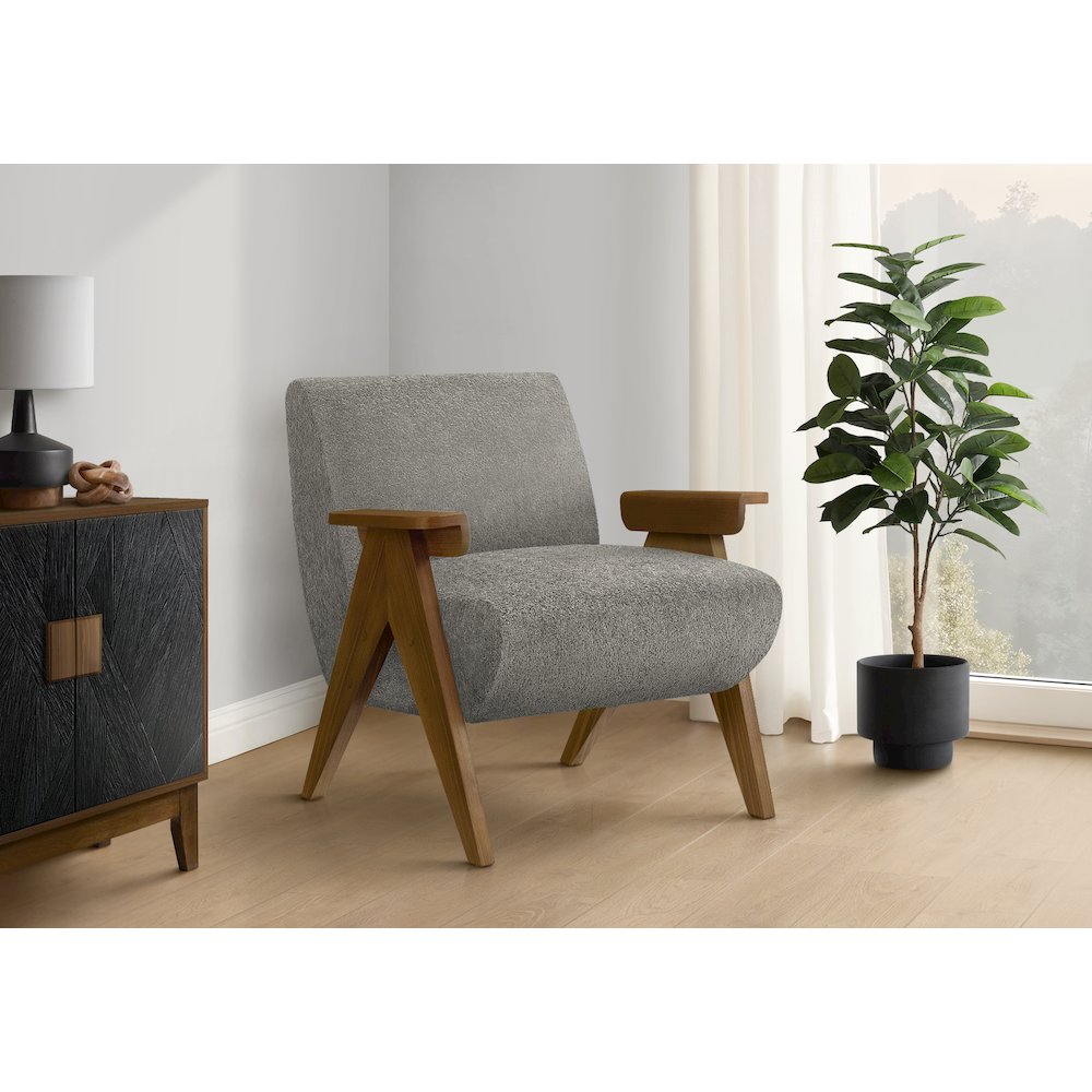 Accent Chair, 31"H, Upholstered, Living Room, Bedroom, Dark Grey Fabric, Brown Walnut Solid Wood, Modern, Mid Century