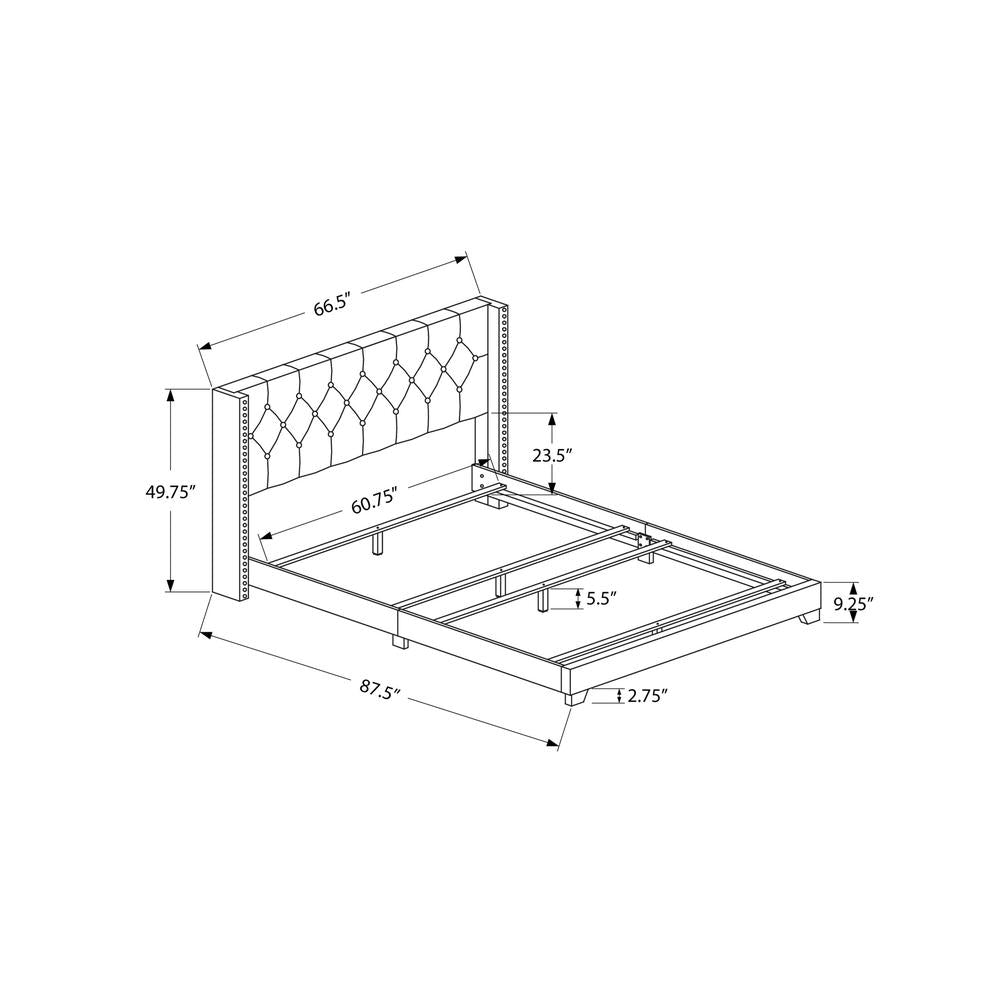 Bed, Queen Size, Bedroom, Upholstered, Grey Velvet, Chrome Trim, Transitional