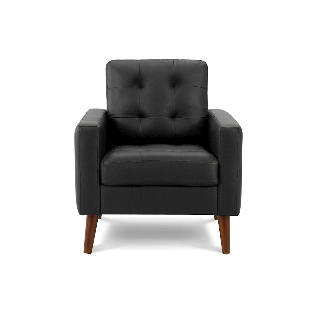 Chair, 31"" Wide, Upholstered, Accent Chair, Black Leather Look, Walnut Wood Legs, Mid Century, Modern